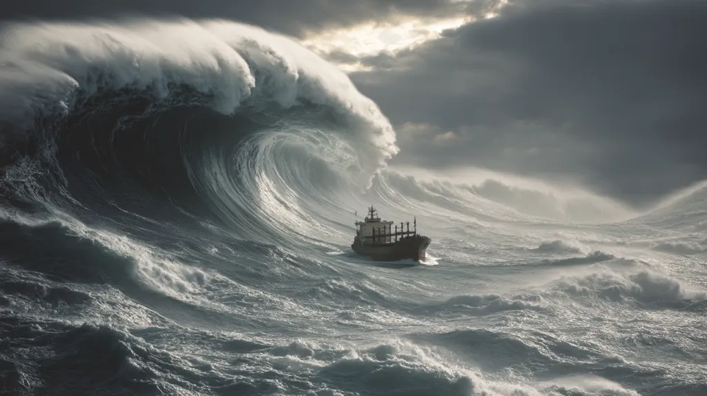 A large cargo ship navigates a tempestuous ocean, dwarfed by a colossal, menacing wave.  The sky is dark and stormy, reflecting the turbulent sea.  The scene evokes a sense of danger and the overwhelming power of nature against a lone vessel battling fierce winds and mountainous waves.
