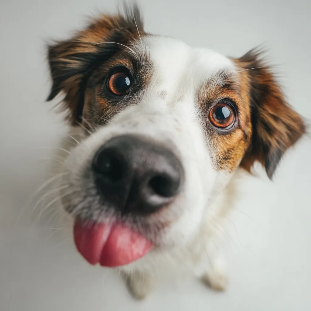 Close-up view of a dog's face, its tongue sticking out playfully. The dog has a predominantly white coat with brown markings around its ears and eyes.  Its large, expressive eyes and dark nose are prominent. The image is taken from a low angle, creating a comical, almost distorted perspective.  The background is a plain, light grey.