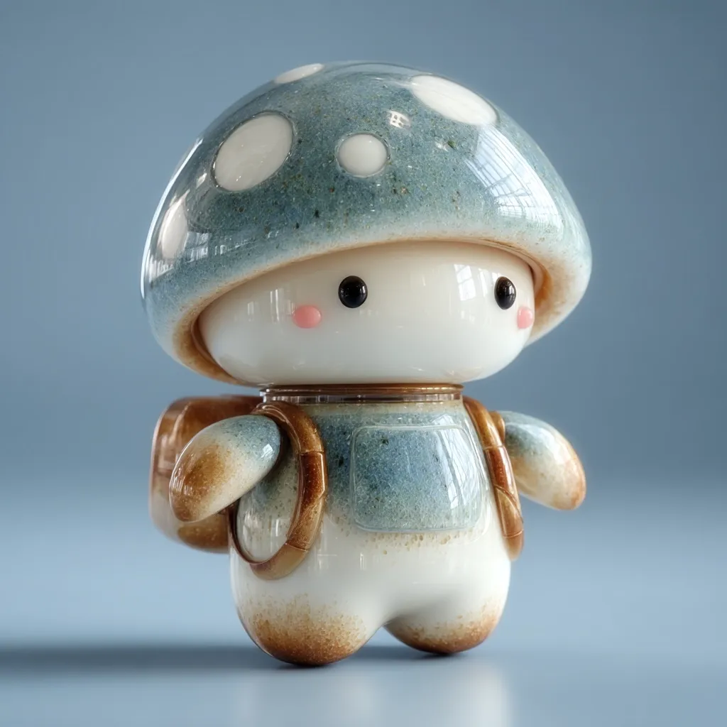 A charming figurine resembling a mushroom character is depicted.  Its cap is a speckled blue-grey with white dots, while its body is white with a muted blue-grey torso and tan-brown accents on the arms and backpack.  The figure has large, expressive eyes and rosy cheeks, giving it a cute and endearing appearance. The overall style is reminiscent of handcrafted ceramic art.