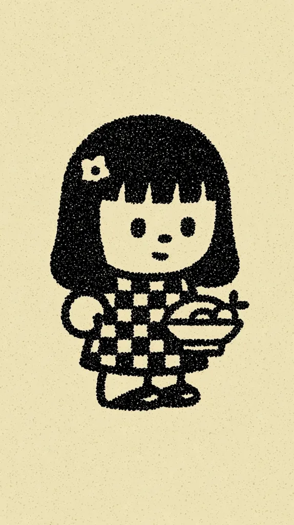 A stylized illustration of a young girl.  She has short, dark hair, a small flower adornment, and is wearing a checkered dress.  The girl appears to be carrying a small, round object, possibly a plate or basket.  The style is simple, almost pointillist, with small dots forming the image against a pale yellow background.  The overall effect is charming and slightly whimsical.