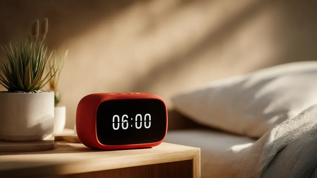 A red digital clock displaying 6:00 AM sits on a wooden bedside table.  A small succulent plant in a white pot is nearby.  A bed with a fluffy white pillow and textured bedding is softly lit in the background, creating a calm and peaceful morning scene.  Sunlight streams into the room, casting gentle shadows.