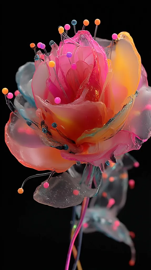 A translucent rose, rendered in vibrant hues of pink, orange, and teal, is the focal point.  Tiny, colorful beads adorn its delicate petals and stems, creating a surreal, almost otherworldly effect. The background is a stark black, enhancing the rose's luminescence and intricate details. The image has a digital, almost sculpted quality, suggesting a digitally created artwork.