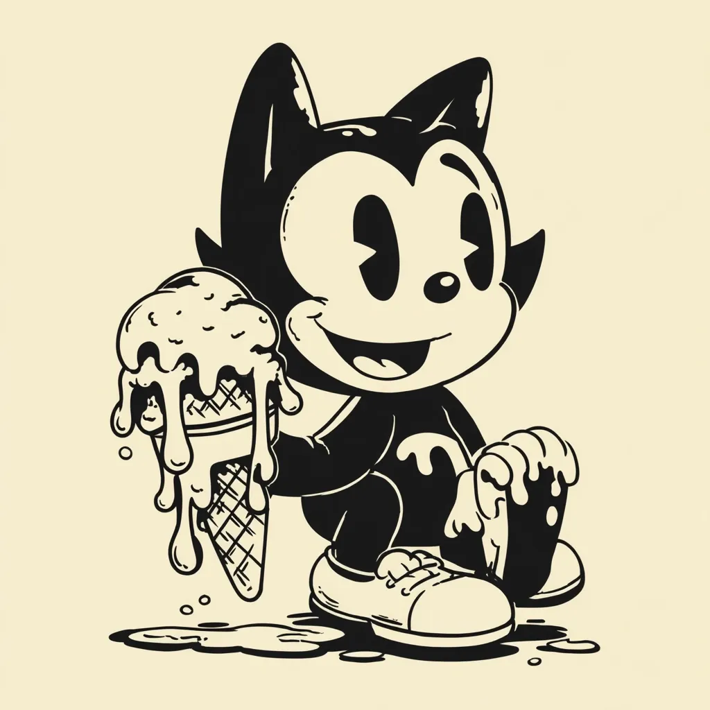 A cartoon cat, reminiscent of classic animation styles, joyfully holds a melting ice cream cone.  The cat's design is simple, black and white, with large expressive eyes and a cheerful grin.  Ice cream drips down the cone and onto the cat's feet, adding to the playful, slightly messy scene. The background is a pale cream color, complementing the vintage aesthetic.