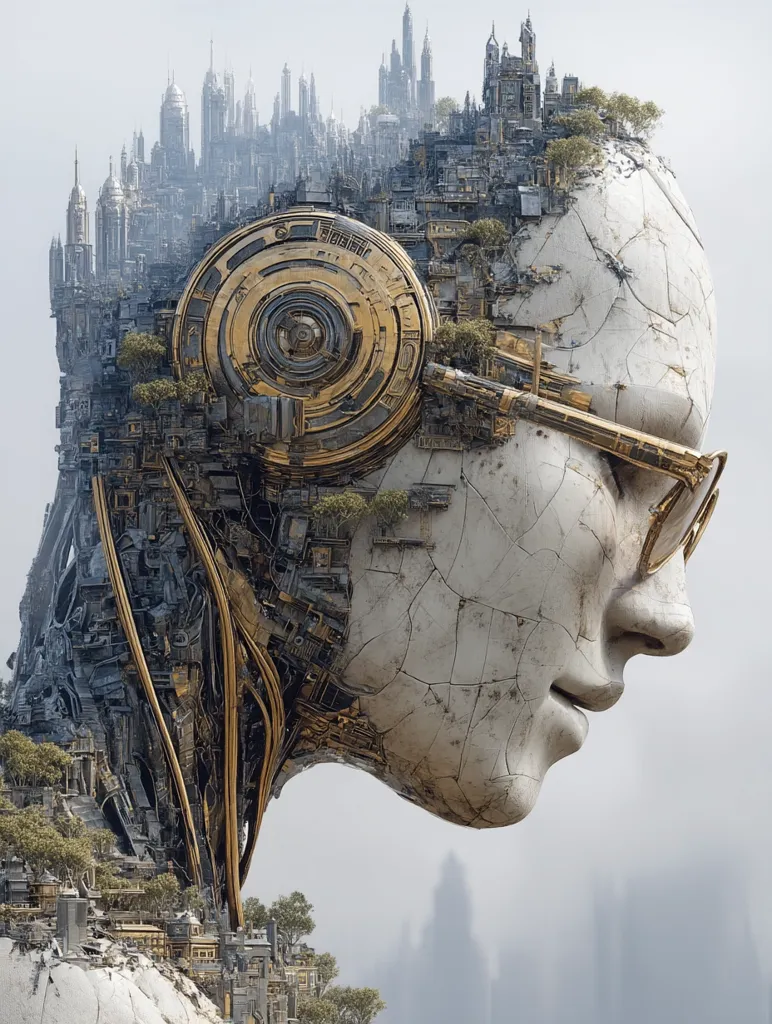 A digital artwork depicts a colossal, weathered stone head, its profile facing right.  Intricate, steampunk-inspired mechanisms and a miniature city are embedded within the head and neck, suggesting a fusion of nature, technology, and architecture.  The city, complete with trees and buildings, extends down the sculpture's neck. Gold accents highlight the mechanical components, creating a striking contrast against the grey stone.  A hazy, distant cityscape forms the background.