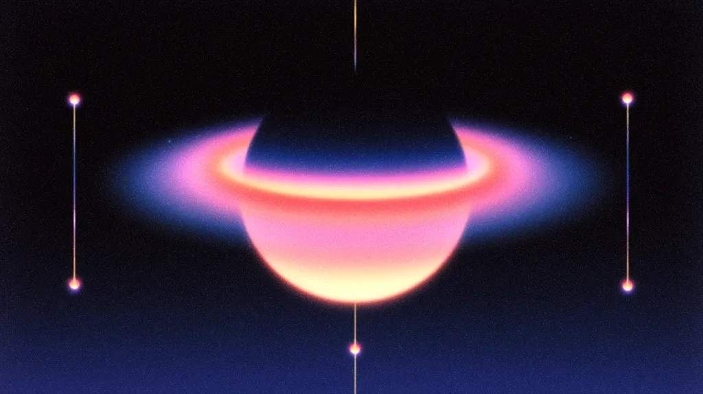 A stylized cosmic image depicts a planet with a vibrant, glowing ring system.  The planet is centrally positioned against a dark, star-speckled background.  Four thin, luminous lines extend from the top and bottom, each terminating in a small, bright point, resembling celestial connections or energy beams. The overall aesthetic is retro-futuristic and otherworldly.