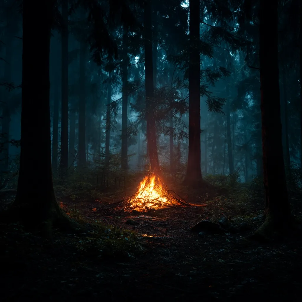 A crackling bonfire illuminates a dark, misty forest at night. Tall, slender trees encircle the flames, their silhouettes stark against the ethereal fog. The fire's warm glow casts an enchanting spell on the damp forest floor, creating a scene of both mystery and tranquility. The overall atmosphere is serene yet slightly ominous, hinting at a sense of adventure and the unknown.