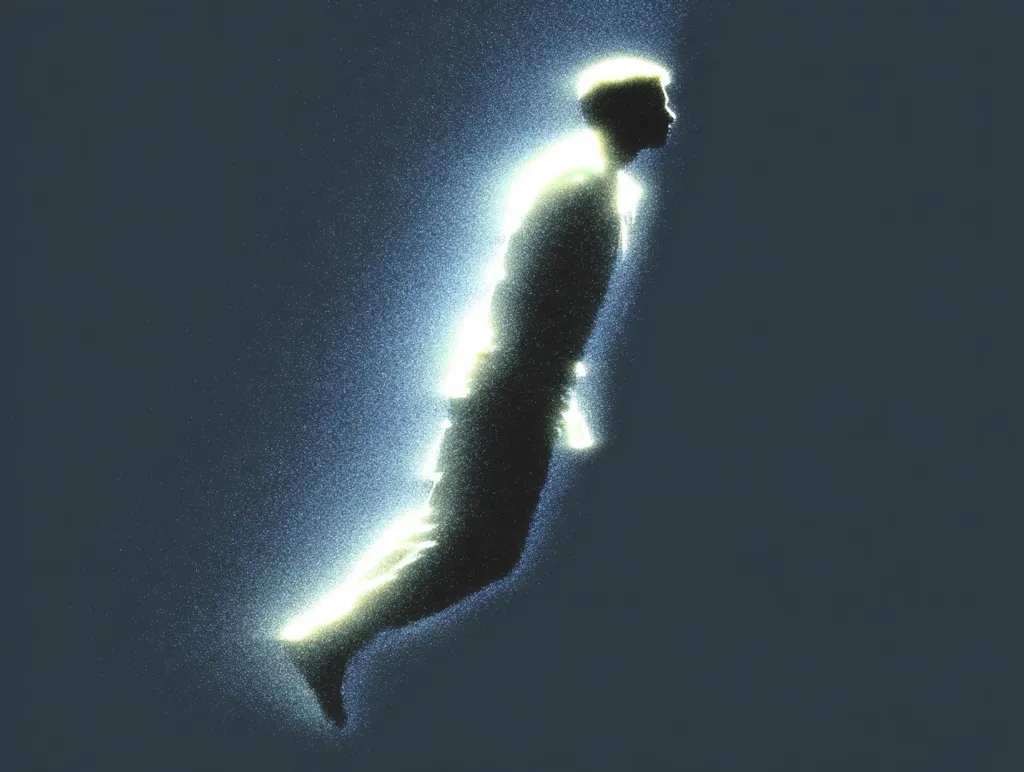 The image shows a stylized silhouette of a person seemingly floating or ascending.  The figure is outlined in a luminous, particle-like glow, giving it an ethereal and otherworldly quality.  The dark background emphasizes the light emanating from the figure, creating a sense of movement and transformation. The overall mood is one of mystery and transcendence.