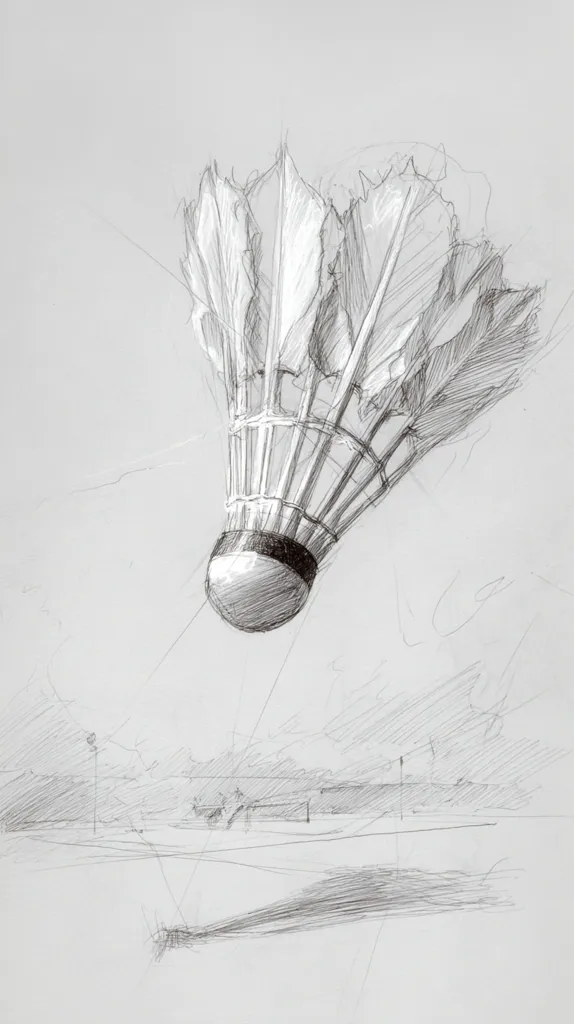A detailed pencil sketch depicts a badminton shuttlecock in mid-air, seemingly just after being hit.  The shuttlecock's feathers are meticulously rendered, showing texture and individual strands.  Below, a lightly sketched outdoor scene suggests a badminton court or similar playing field, adding context to the dynamic image. The overall style is realistic yet expressive, emphasizing movement and form.