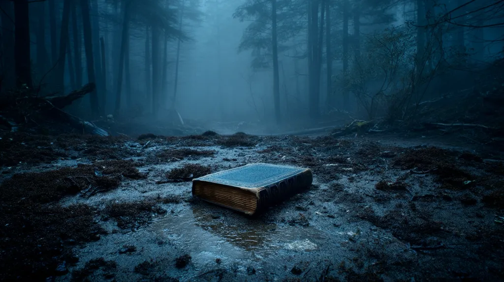 A weathered, antique book lies abandoned in a dark, misty forest.  The book, with a dark blue cover and aged pages, rests in a small puddle on the damp ground. Tall, shadowy trees surround the scene, creating a mysterious and slightly ominous atmosphere.  The deep blue tones and heavy fog enhance the sense of isolation and intrigue.