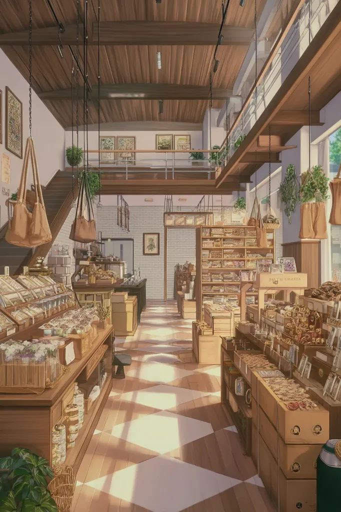 Sunlight streams into a charming, two-story shop filled with wooden shelves overflowing with dried goods and herbs.  Bags hang from the ceiling, adding to the rustic ambiance.  A staircase leads to an upper level, also stocked with merchandise. The warm, inviting atmosphere is enhanced by potted plants and a diamond-patterned floor. The overall style evokes a sense of nostalgia and quiet charm.