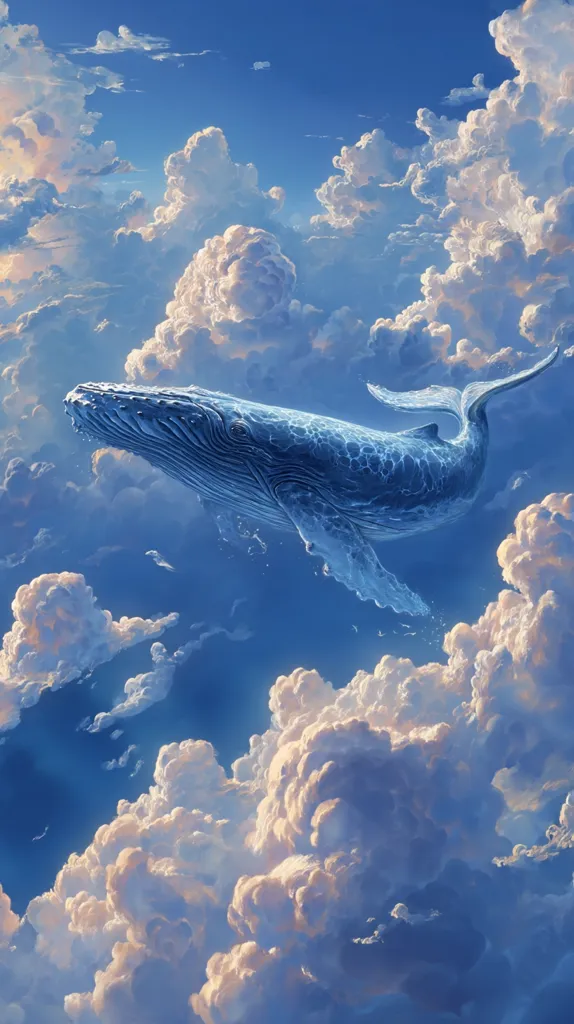 A large humpback whale gracefully glides through a breathtaking expanse of fluffy white clouds against a vibrant blue sky.  The scene is surreal and dreamlike, the whale appearing weightless and at peace amidst the heavenly landscape.  Sunlight illuminates the clouds, creating a soft, ethereal glow. The overall impression is one of serene beauty and magical realism.