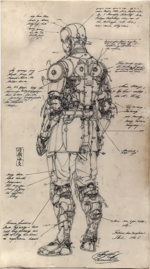 A detailed ink drawing depicts a full-body steampunk exoskeleton, viewed from behind.  The intricate design is annotated with handwritten notes and measurements in a style reminiscent of engineering blueprints. The exoskeleton features numerous mechanical components, including articulated limbs, segmented armor plating, and complex gearing.  The overall aesthetic suggests a blend of Victorian-era technology and futuristic robotics.