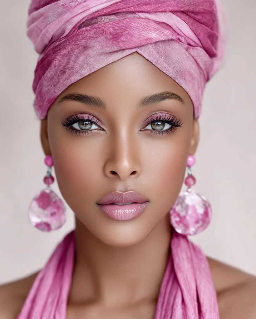 Close-up portrait of a woman with dark skin, wearing a pink headscarf and matching earrings. Her makeup is subtly done, enhancing her natural beauty.  She gazes directly at the camera with a serene expression. The soft lighting and muted background highlight her flawless complexion and elegant style.