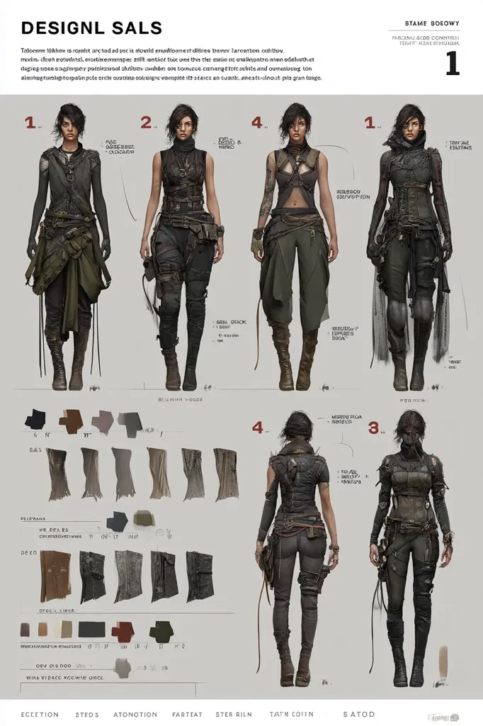 This design sheet showcases four variations of a female character's outfit.  Each design features a dark, post-apocalyptic aesthetic with layered clothing, distressed textures, and practical details.  The outfits incorporate leather, metal accents, and various fabrics in muted earth tones.  Detailed sketches and fabric swatches are included to illustrate the design process and material choices.  The number labels indicate different iterations of the design.