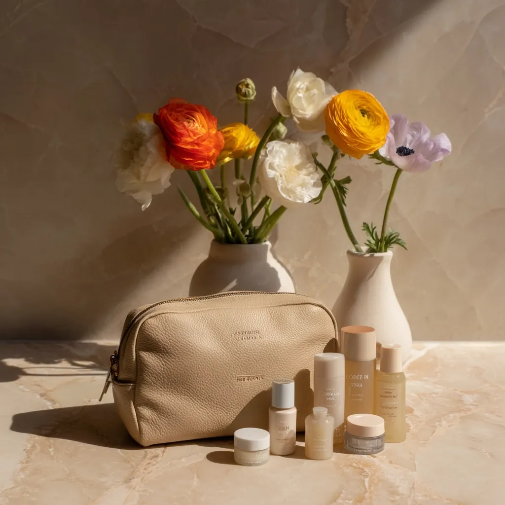 A tan leather cosmetic bag sits on a marble surface next to a bouquet of colorful ranunculus flowers in two white vases.  Several small, light beige skincare bottles and jars are arranged in front of the bag, suggesting a travel-sized skincare set. The overall aesthetic is minimalist and luxurious, with soft lighting highlighting the products and flowers.