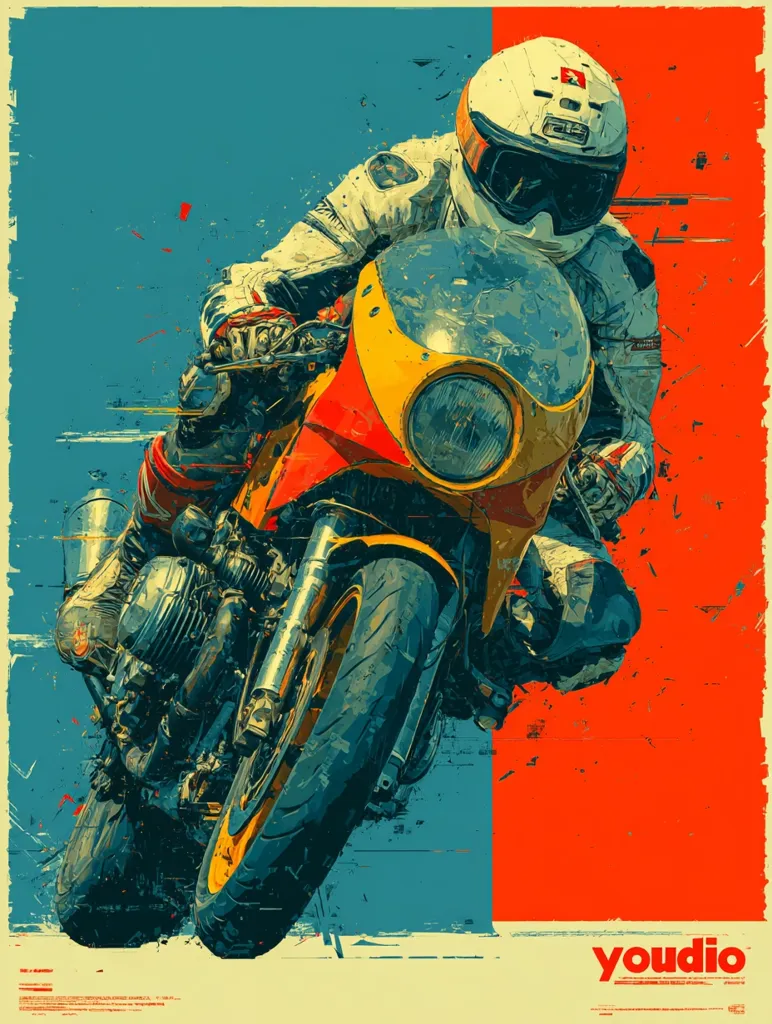 A dynamic illustration showcases a motorcyclist leaning into a turn on a vintage-style motorcycle.  The artwork is rendered in a bold, retro style with a vibrant color palette of teal, orange, and yellow.  The rider's helmet and leathers are sharply detailed, contrasted against the stylized background. The "Youdio" logo is prominently displayed at the bottom. The overall aesthetic is reminiscent of classic racing posters.