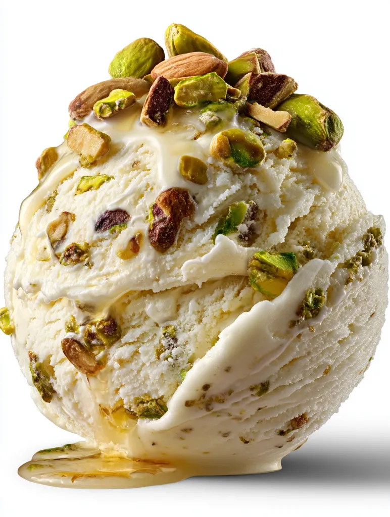 A delectable scoop of creamy vanilla ice cream is generously topped with chopped pistachios and almonds.  A drizzle of honey or a light glaze flows down the sides, enhancing the already rich and inviting appearance. The ice cream's texture appears smooth and slightly soft, promising a delightful treat.  The nuts add a contrasting texture and vibrant green hue.