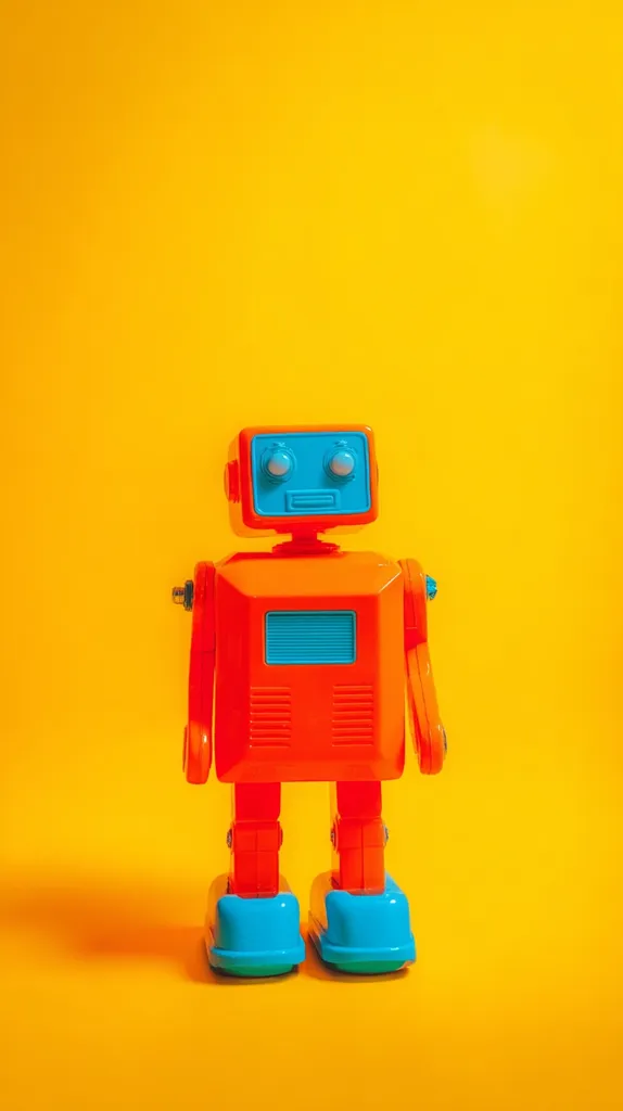 A vibrant orange and teal toy robot stands against a bright yellow background.  Its simple, retro design features a boxy body, round head with light blue eyes, and light blue feet. The robot is positioned centrally, creating a striking contrast with the bold backdrop. The image is playful and minimalist, suggesting themes of childhood, technology, and bright pop-art aesthetics.