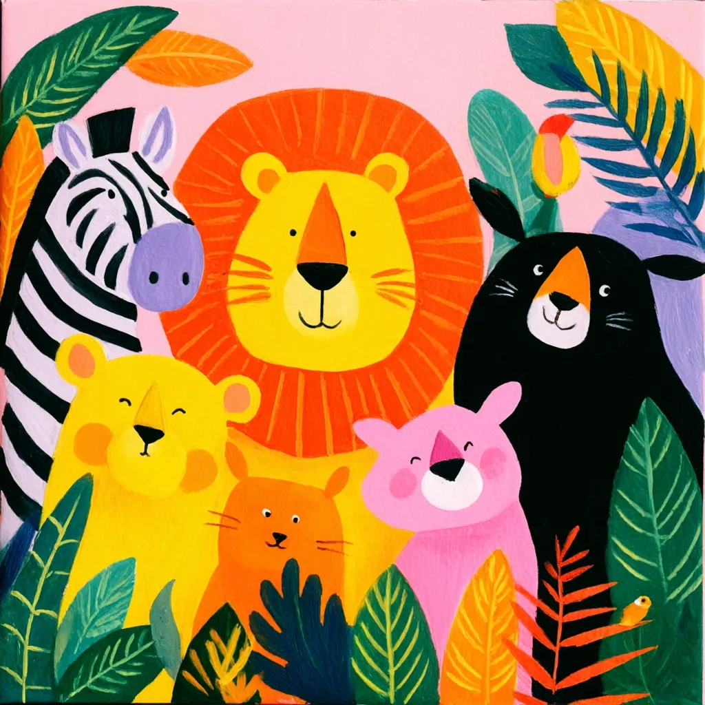 A vibrant painting depicts a group of friendly animals amidst lush tropical foliage.  A cheerful lion takes center stage, surrounded by a zebra, a bear, a yellow bear cub, an orange cat, and a pink pig.  The animals are stylized with bold, flat colors and simple features, creating a playful and joyful scene.  The background is a soft pink, contrasting beautifully with the bright animal colors and green leaves.