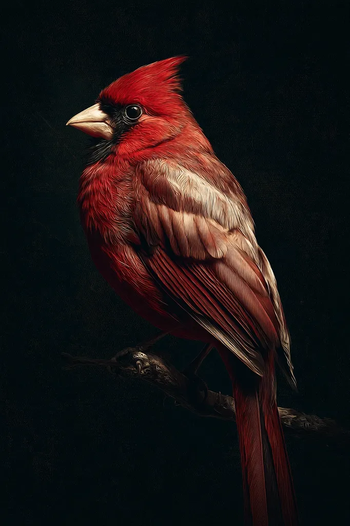 A vibrant male Northern Cardinal is perched on a dark branch against a black background.  Its plumage is a rich, deep red, with subtle variations in shading that highlight the texture of its feathers. The bird's detailed features, including its sharp beak and dark eye, are clearly visible. The image has a painterly quality, enhancing the bird's beauty and creating a dramatic mood.