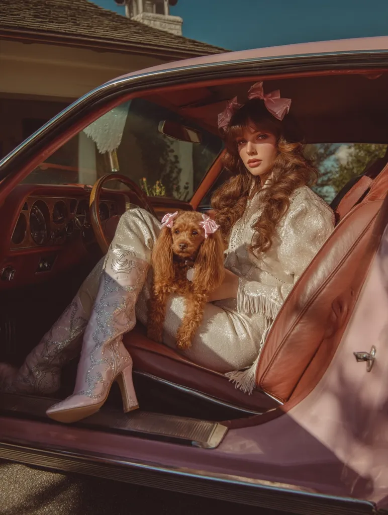 A young woman with long brown hair and pink bows in her hair sits in a vintage pink car.  She wears a shimmering, light-colored jumpsuit and sparkly pink boots.  A small brown poodle, also adorned with a pink bow, sits on her lap. The scene is bathed in warm, nostalgic sunlight, evoking a retro aesthetic.