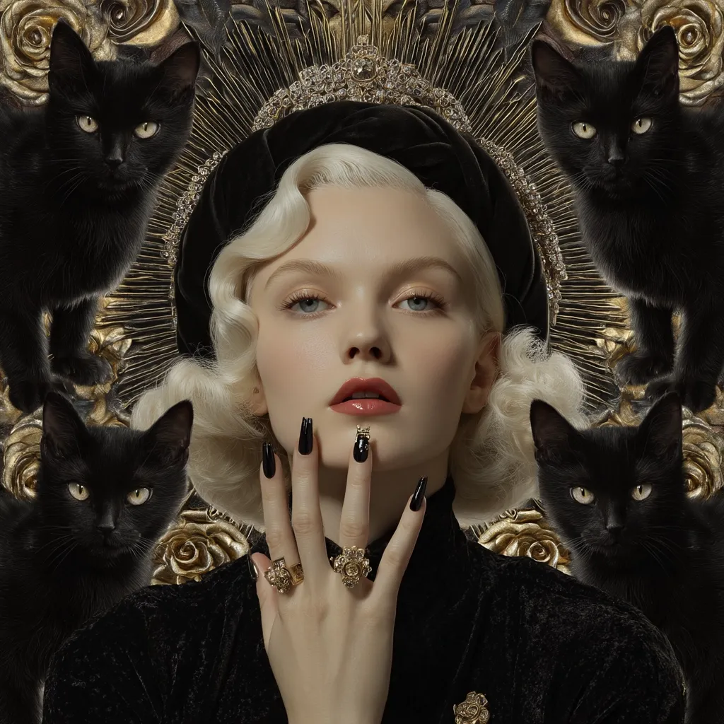 A platinum blonde woman with vintage Hollywood waves sits regally, adorned with a dark velvet headband and jeweled crown.  She wears gold rings and dark nail polish.  Four black cats flank her, adding to the mysterious and opulent atmosphere of the image, which is set against a backdrop of ornate gold detailing.  The overall aesthetic is dark glamour.