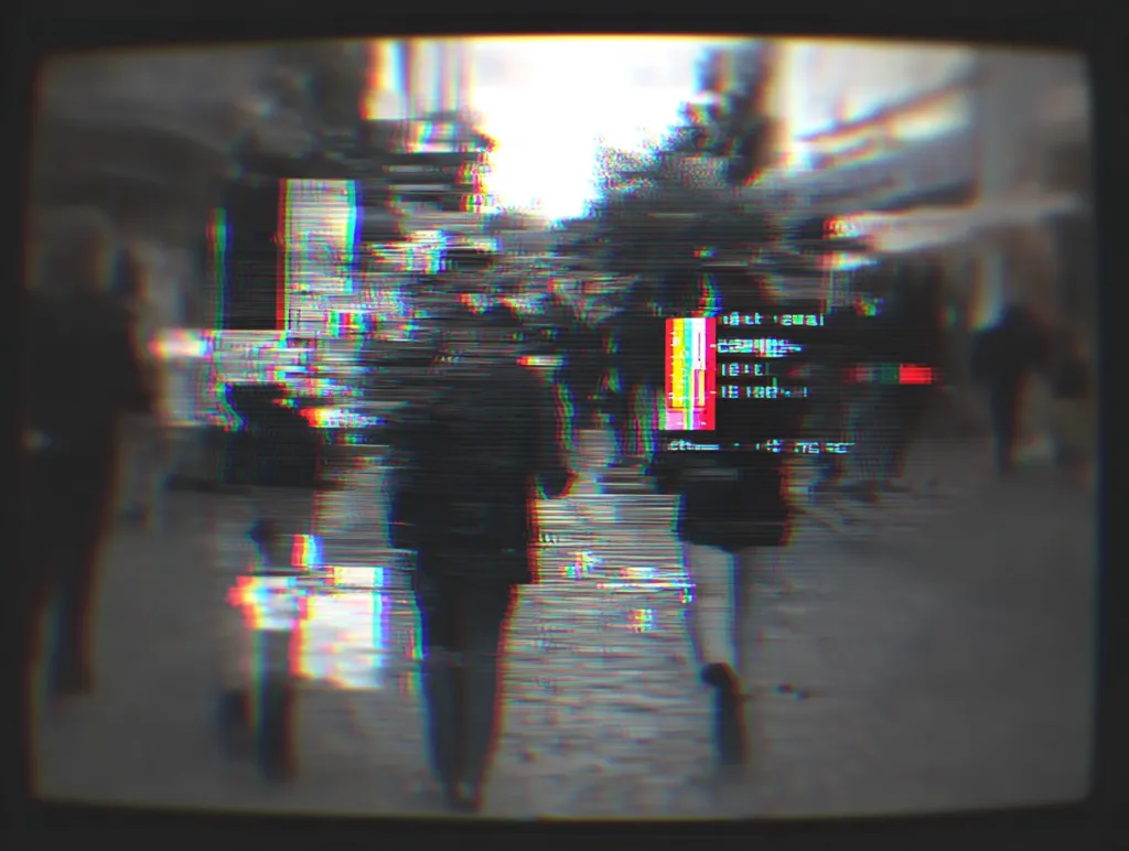 A distorted video image shows people walking down a city street. The footage is heavily glitched with static, color bars, and visual artifacts, creating a surreal and unsettling atmosphere.  The figures are blurred and indistinct, their movements obscured by the digital interference.  A small box of seemingly technical data is visible within the glitch.  The overall effect is a blend of reality and digital distortion.