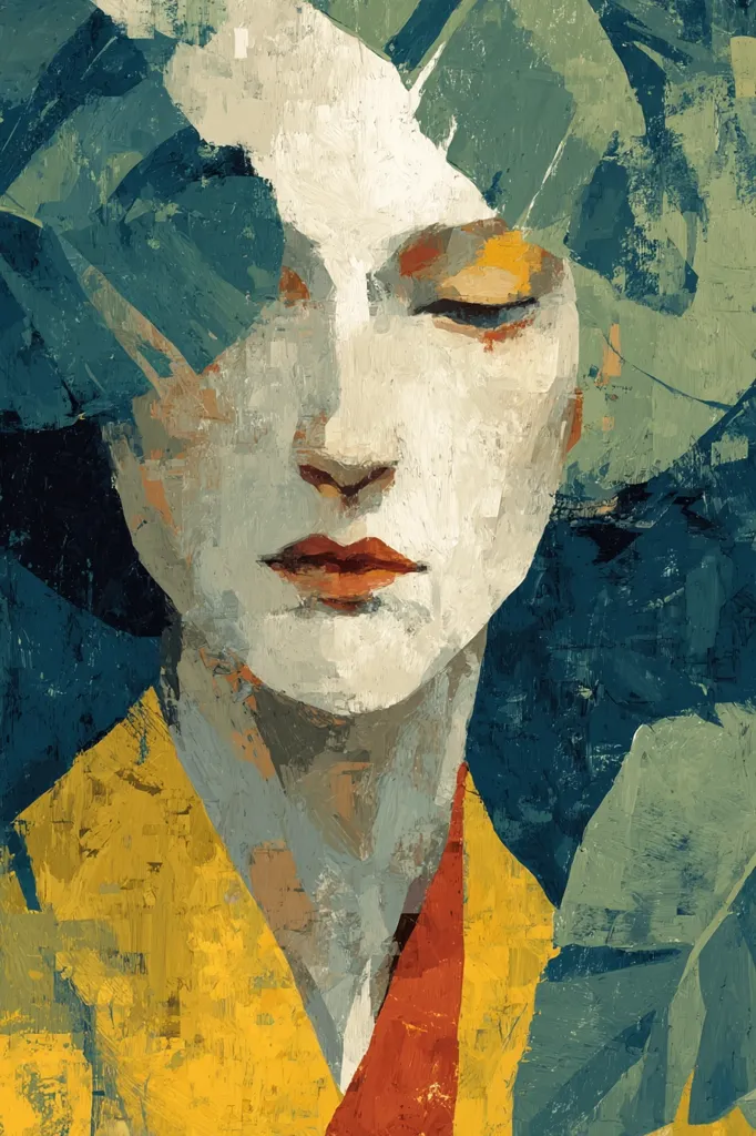 A stylized portrait of a woman's face, partially obscured by large, textured leaves.  The painting uses bold, impasto brushstrokes in a palette of muted yellows, oranges, and deep teal greens.  Her eyes are closed, and her expression is serene, conveying a sense of calm contemplation. The overall style is expressive and abstract, emphasizing texture and color over precise detail.