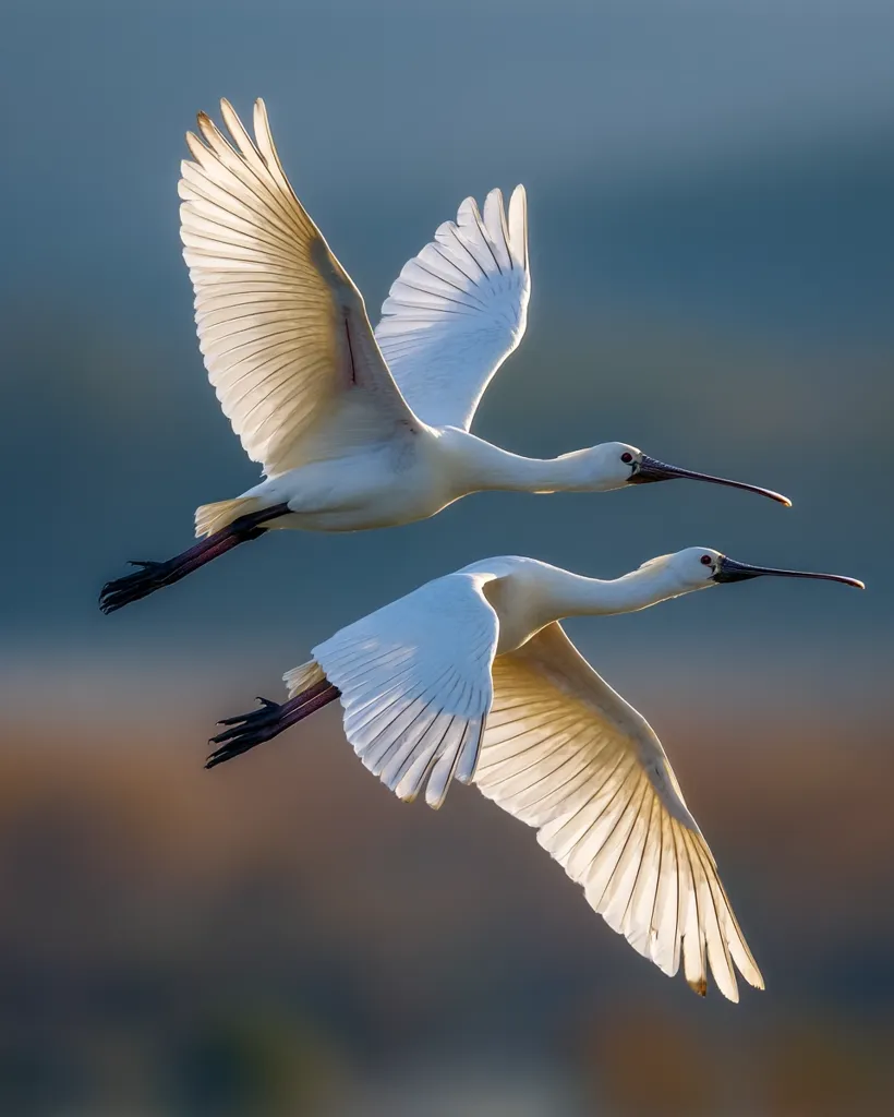 Two Eurasian Spoonbills in flight, wings outstretched, are beautifully captured against a soft, blurred background.  The birds are white with long, slender beaks, and the sunlight highlights the delicate structure of their feathers.  The image conveys a sense of grace and freedom as the birds glide effortlessly through the air.
