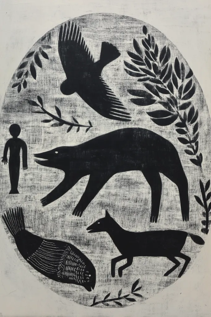 A black and white oval artwork depicts stylized figures of a bird in flight, a bear, a dog, a fish, and a human figure.  The animals and person are rendered in simple, bold shapes against a textured off-white background.  Stylized leaves and branches frame the composition, creating a sense of natural harmony and interconnectedness. The artwork has a folk art or woodcut aesthetic.