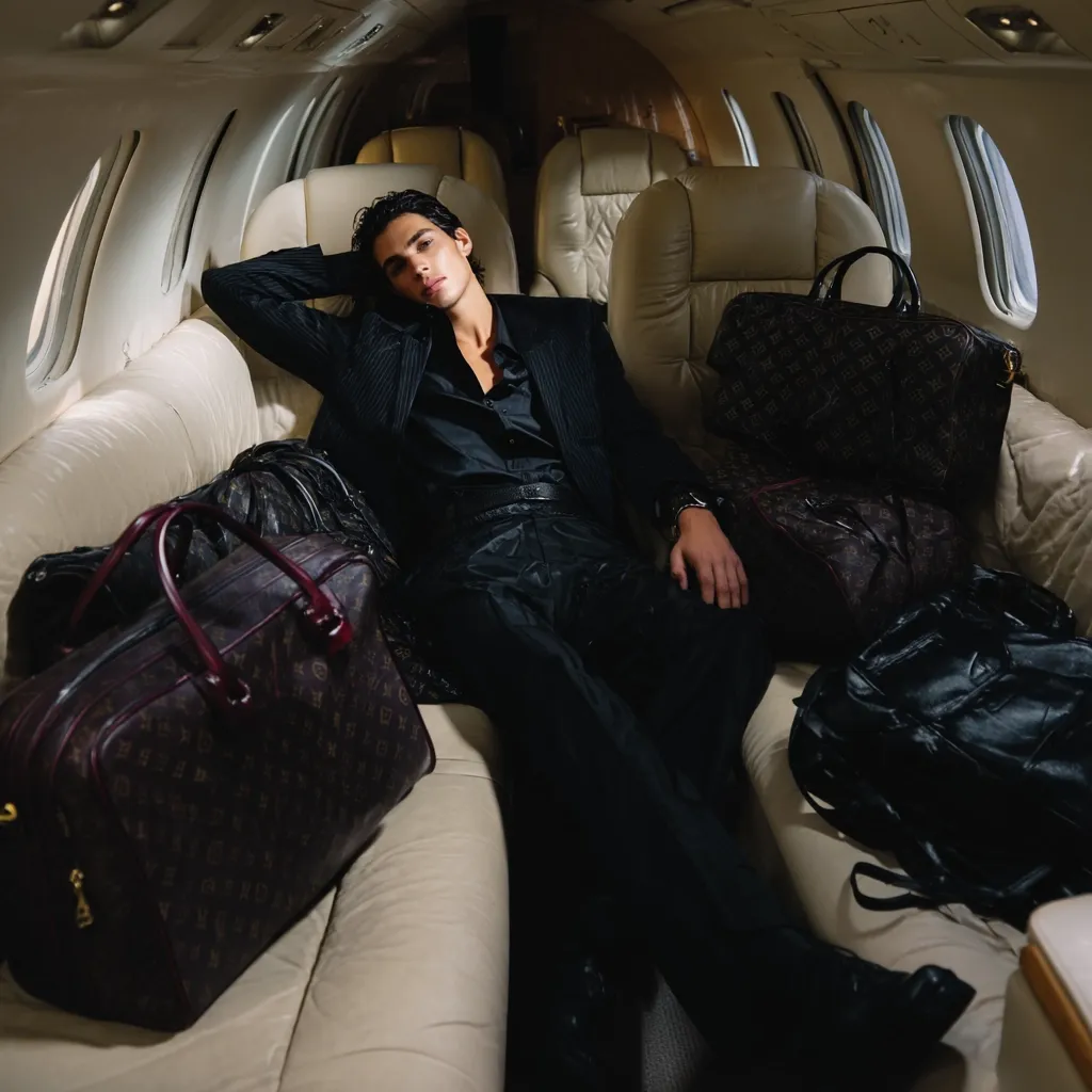 A young man in a black suit reclines on a luxurious private jet's plush seats, surrounded by several Louis Vuitton bags.  He appears relaxed and confident, his pose suggesting comfort and affluence. The dimly lit interior of the aircraft emphasizes the high-end luxury of the setting. The overall image conveys a sense of opulence and travel in style.