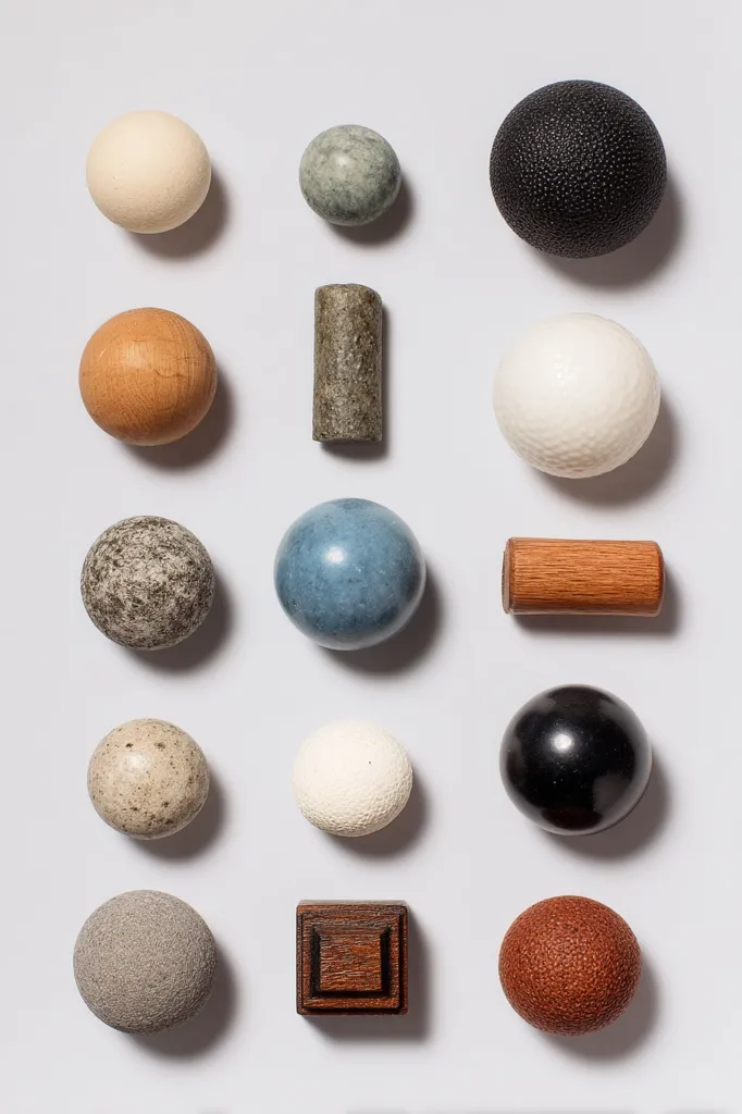A collection of small, round objects and short cylinders are arranged in a grid pattern against a light gray background. The spheres vary in color and texture, including beige, gray, white, blue, black, and speckled patterns.  The cylinders are made of wood and stone, adding a textural contrast to the scene.  The overall arrangement is visually appealing and suggests a curated collection of decorative or possibly functional items.