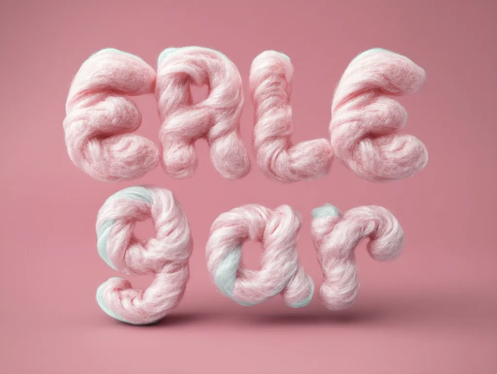 The words "SALE 99%" are formed from fluffy, pink cotton candy against a pale pink background.  The cotton candy has a slightly lighter, almost mint-colored swirl throughout, giving a sweet and whimsical feel to the sale announcement. The image is clean and minimalist, focusing on the texture and playful nature of the lettering.
