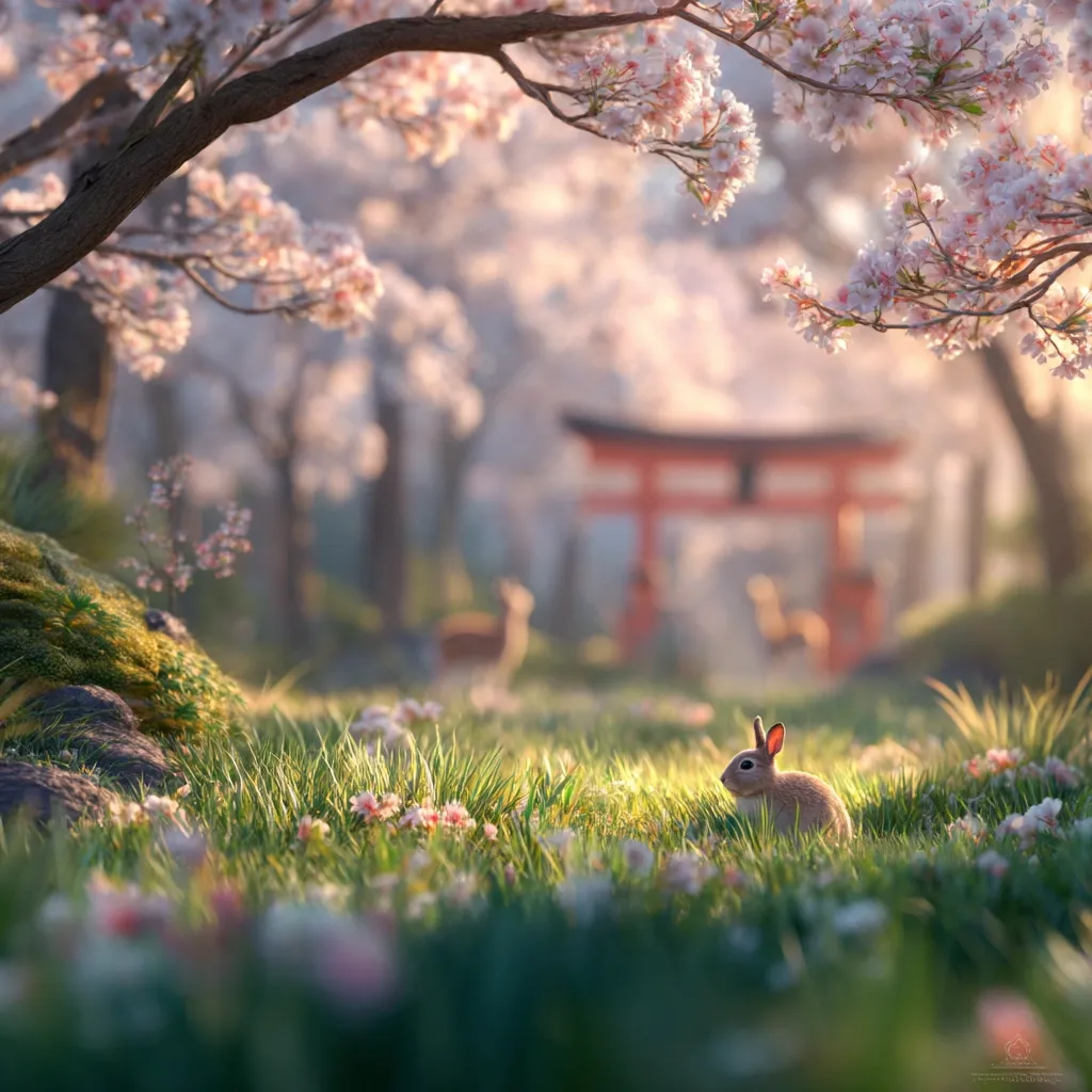 A brown rabbit sits peacefully in a field of vibrant green grass and delicate pink flowers, bathed in the warm glow of sunrise.  Cherry blossom trees frame the scene, their branches laden with blossoms. In the soft-focus background, a traditional red torii gate stands amidst a tranquil forest, with deer subtly visible.  The overall atmosphere is serene and idyllic, evoking a sense of magical realism.