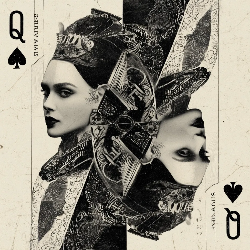 A stylized black and white image depicting the Queen of Spades.  The queen's face is split, creating a mirrored effect. Intricate, ornate designs and textures surround her, giving a collage-like appearance. The overall style is dark, dramatic, and somewhat gothic, with a grunge aesthetic.  The card's suit is clearly visible at both top and bottom.