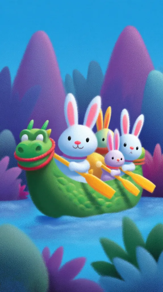 Three adorable bunnies, one larger than the others, are paddling a vibrant green dragon-shaped boat across a serene blue river.  The scene is set against a backdrop of whimsical, textured purple hills and lush foliage. The bunnies' cheerful expressions and the playful design create a charming and whimsical illustration.