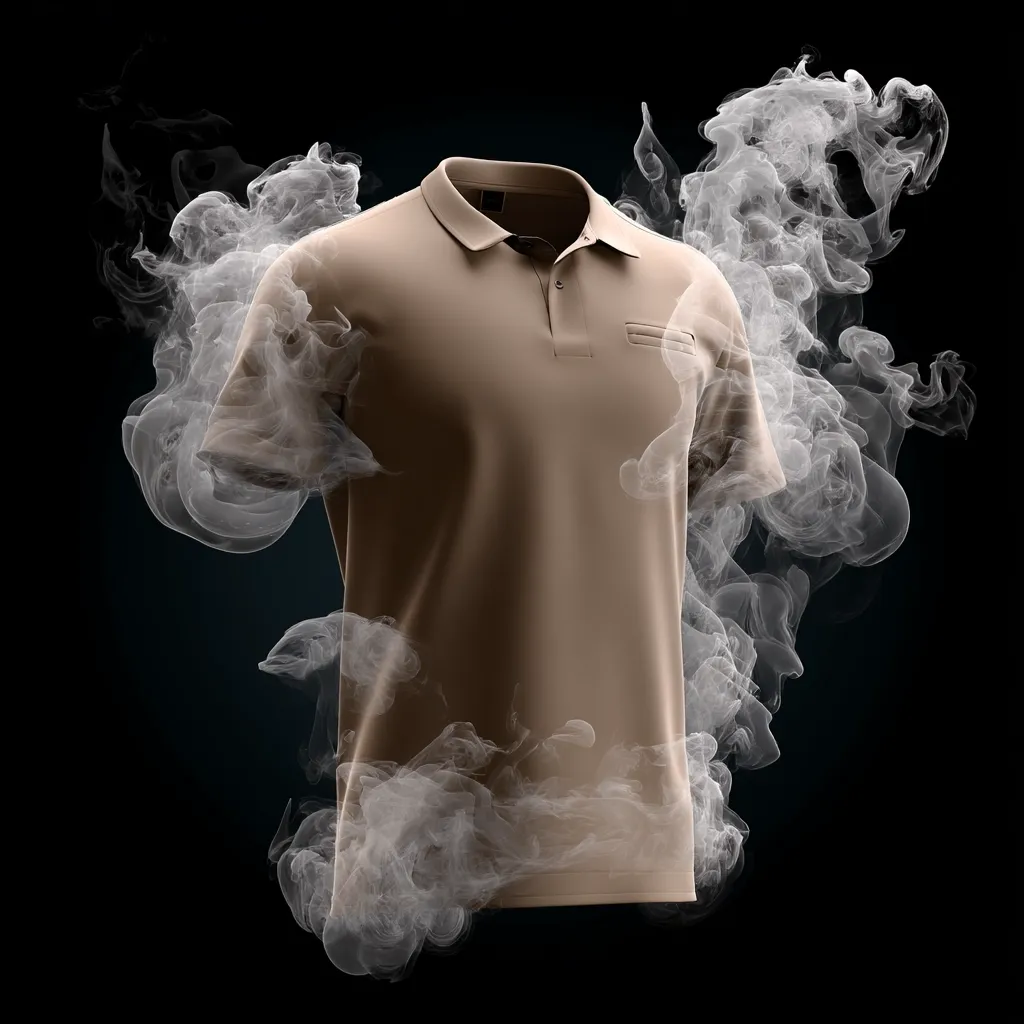 A taupe-colored polo shirt is shown against a black background, surrounded by ethereal white smoke. The smoke appears to emanate from the shirt, suggesting breathability or moisture-wicking properties.  The shirt is a classic style with a collared neckline and a small pocket on the chest. The overall image emphasizes the comfort and potentially breathable nature of the garment.