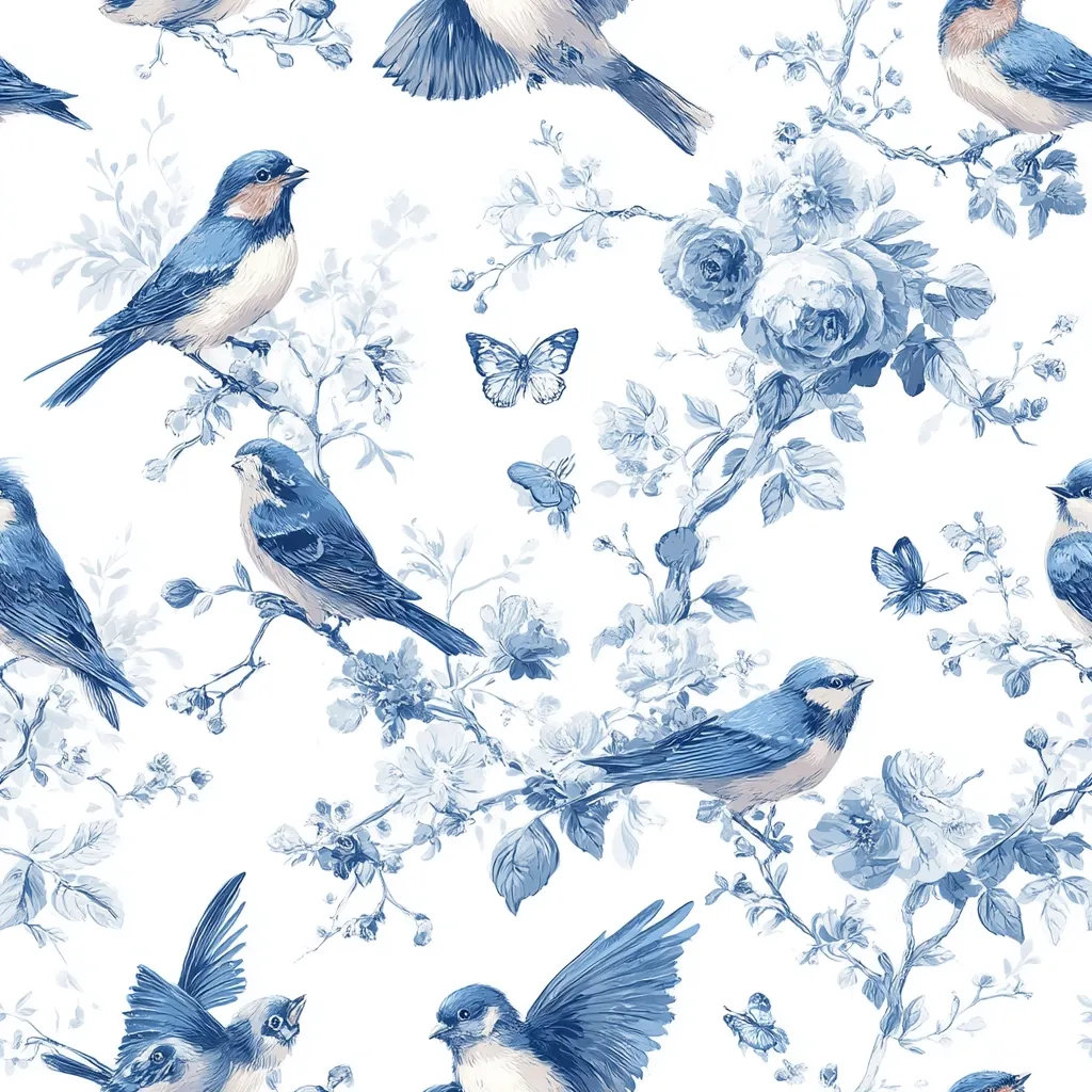 A seamless pattern showcases a delicate watercolor design featuring blue birds perched on blossoming branches.  Delicate blue roses and butterflies are interspersed among the birds, creating a romantic and elegant floral motif. The light blue tones are soft and calming against the white background, suggesting a tranquil and serene atmosphere. The birds are realistically depicted, adding to the overall charm of the design.