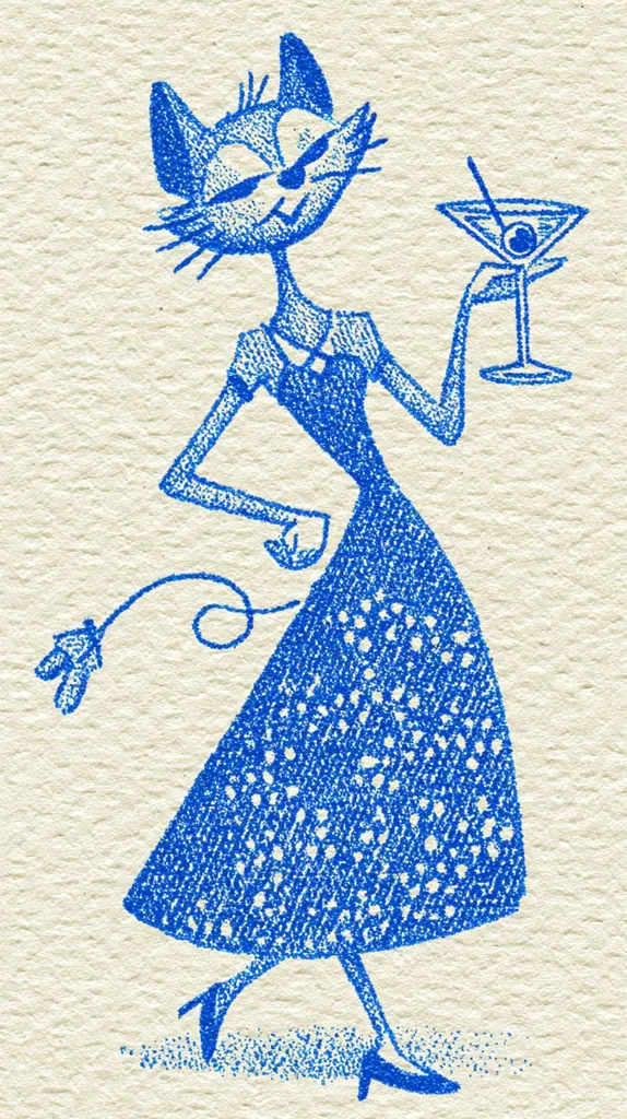 A stylized blue illustration depicts a cat dressed in a blue polka-dotted dress, holding a martini glass.  The cat's features are anthropomorphic, and it's depicted in a confident, slightly sassy pose. The style is reminiscent of vintage cartoons or illustrations, with a textured, hand-drawn quality.  The overall impression is one of playful sophistication.