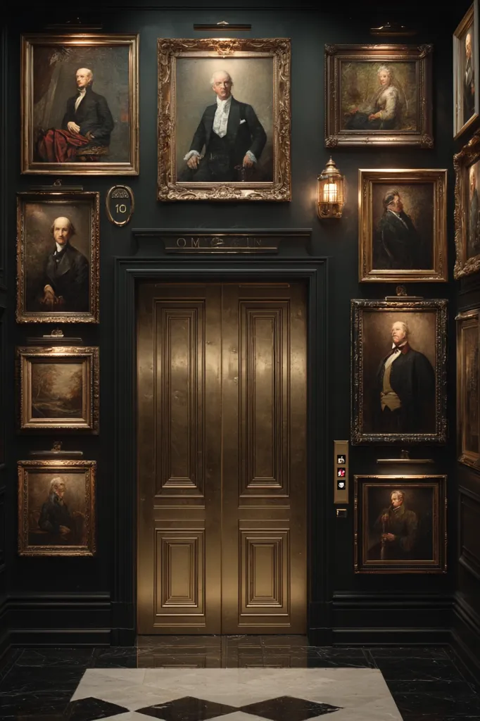 A grand elevator is showcased, its gold doors contrasting sharply against the dark walls adorned with numerous ornate portraits. The portraits, encased in gilded frames, depict figures in period attire, adding to the opulent atmosphere.  The overall aesthetic is one of refined elegance and old-world charm, suggesting a high-end hotel or exclusive building.  A small floor indicator with the number "10" is visible, adding detail to the scene.