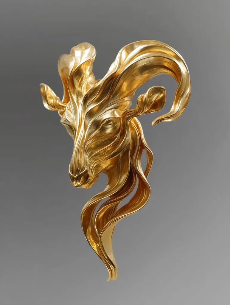 A gold-plated ram's head sculpture is presented against a muted gray background.  The art piece features flowing, wave-like forms that elegantly drape down from the ram's head and horns, creating a dynamic and visually striking piece with a strong Art Nouveau influence. The gold finish is highly polished, adding to its luxurious feel.