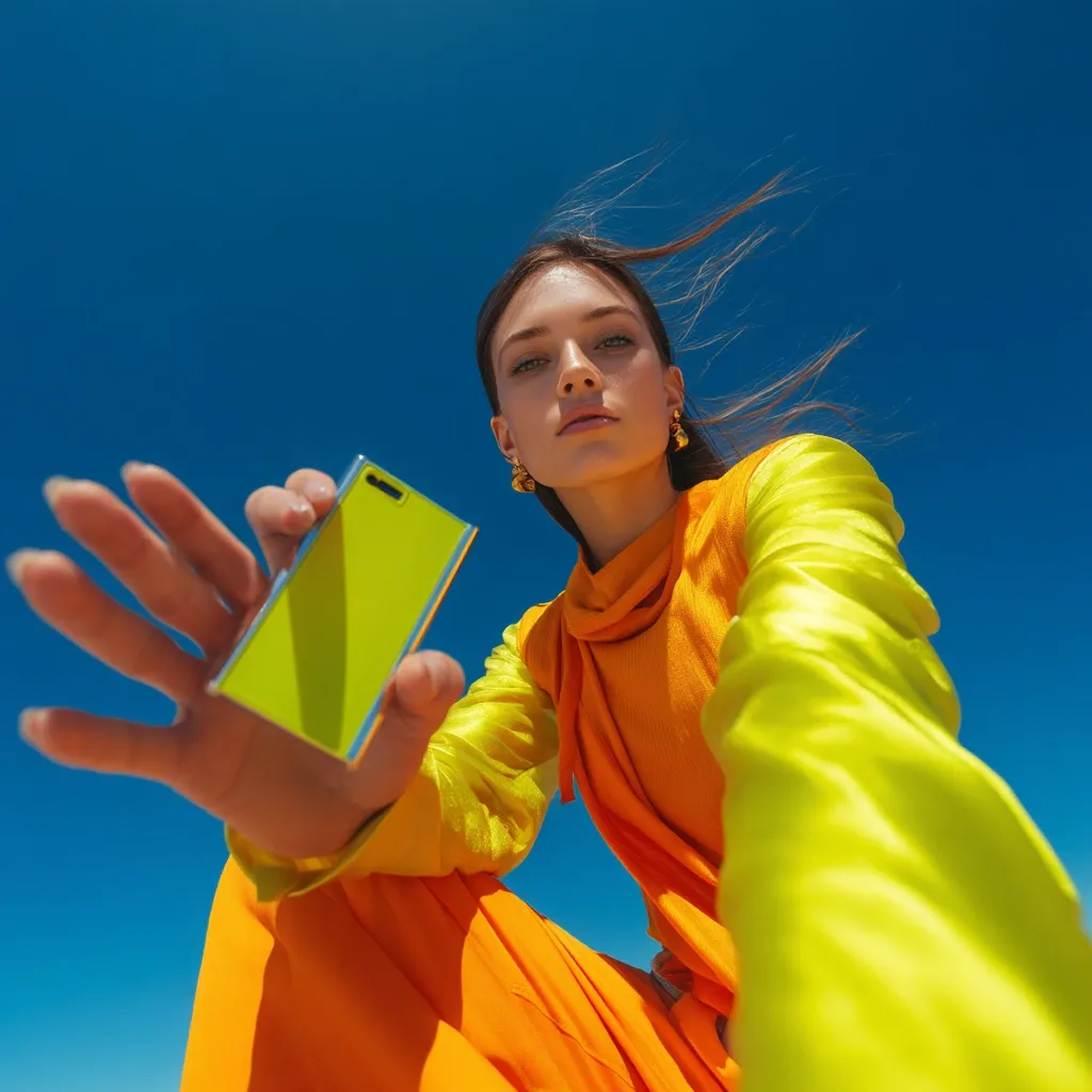 A young woman, dressed in vibrant orange and lime green clothing, holds a bright green smartphone.  Her windblown hair adds to the dynamic energy of the image, shot from a low angle against a clear blue sky. The bold colors and upward perspective create a striking, modern aesthetic. The overall impression is one of youthful vibrancy and stylish technology.
