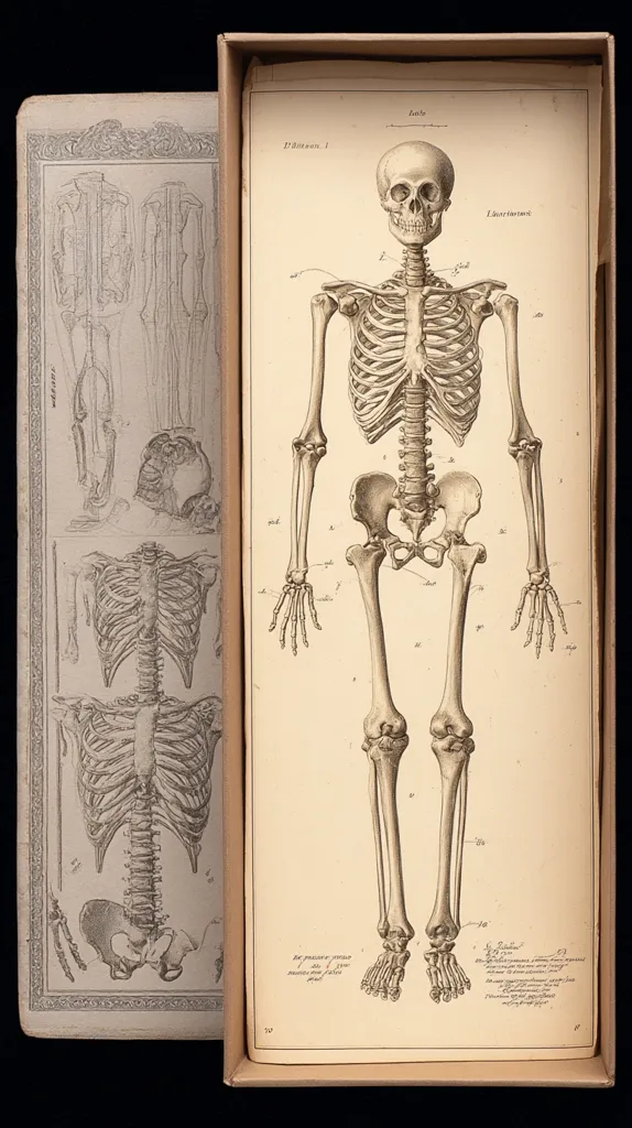 An antique anatomical chart displays a detailed drawing of a human skeleton. The image is presented in a beige-toned box, alongside additional smaller anatomical illustrations in an accompanying book.  The main illustration shows a full-body skeletal view with labeled bone structures. The style suggests an 18th or 19th-century medical textbook or anatomical atlas.