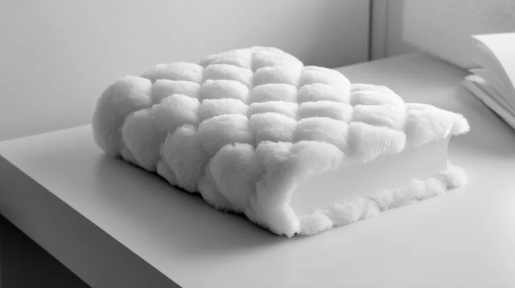 A thick, fluffy white book rests on a white surface.  The cover is textured with a quilted, puffy design, giving it a plush appearance.  The book's edges are also trimmed with the same fluffy material. A blurred book is visible in the background. The overall image is monochromatic, emphasizing the soft texture of the book.