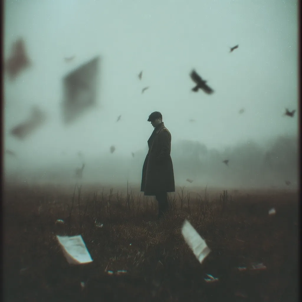 A solitary figure, clad in a long coat and cap, stands pensively in a misty field.  Birds fly around him, blurred and indistinct.  Scattered papers lie on the ground, adding to the desolate atmosphere.  The overall mood is melancholic and mysterious, evoking a sense of loneliness and uncertainty.  The muted colors and foggy setting enhance the feeling of isolation.
