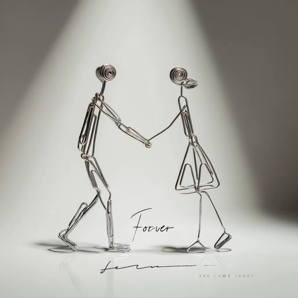 A charming wire sculpture depicts a couple holding hands, crafted from interconnected paperclips.  The figures, with stylized heads and simplified forms, walk hand-in-hand. The word "Forever" is inscribed beneath, adding a romantic touch.  The minimalist design and reflective surface enhance the artwork's delicate beauty, suggesting a lasting bond.