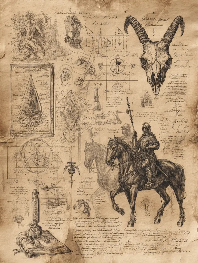 A detailed antique-style drawing features a collage of sketches: a mounted knight, a ram skull, alchemical diagrams, anatomical studies, and nautical charts.  Handwritten notes and symbols surround the images, suggesting a journal or grimoire filled with esoteric knowledge and scientific observation. The parchment-like background enhances the aged and mysterious aesthetic.  The overall impression is one of arcane secrets and forgotten lore.