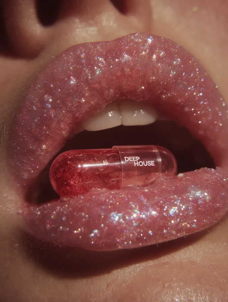 Close-up of a person's lips covered in sparkly pink lip gloss.  A translucent, red capsule labeled "DEEP HOUSE" is held between their teeth. The image has a glamorous, slightly surreal aesthetic.  The focus is sharp on the lips and the capsule, creating a visually striking contrast between the glitter and the smooth capsule.