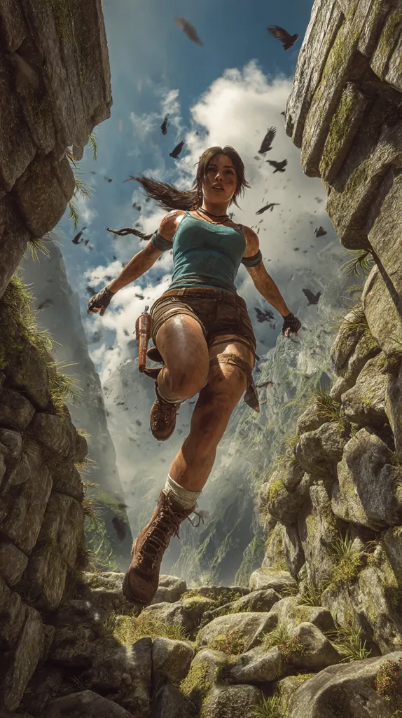 A low-angle shot depicts Lara Croft, the video game adventurer, leaping through a narrow passage in a mountainous, ancient ruin.  Birds fly overhead in a flock, while the background showcases a dramatic, misty valley. Croft's determined expression and muddy attire enhance the sense of adventure and peril. The rocky environment is detailed, emphasizing the rugged landscape.