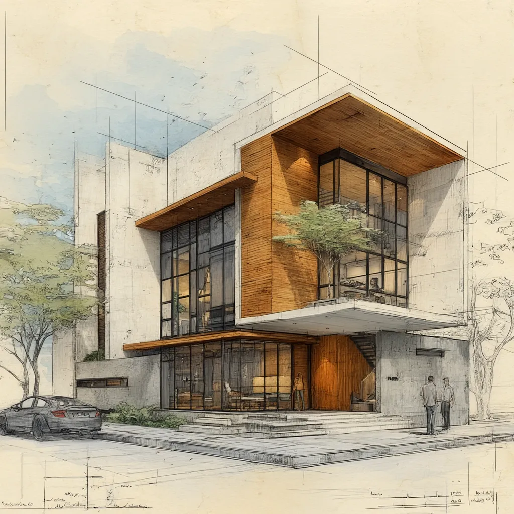 An architectural rendering depicts a modern two-story house.  The design features a blend of concrete and wood, with large glass windows showcasing the interior.  A prominent wooden canopy overhangs the entrance, leading to a staircase.  Trees and a car are included in the surrounding landscape, providing context.  Technical drawings and measurements are subtly incorporated, suggesting a detailed design plan.  The style is a mix of realistic rendering and sketched lines, giving a sense of both finality and creative process.